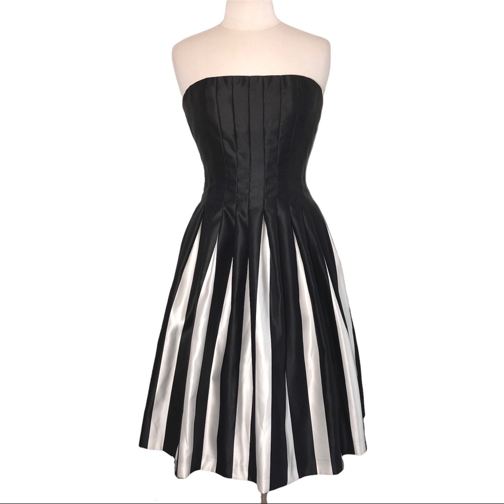 BCBGMaxAzria Formal Gown Strapless Black and White Stripe Midi Length
